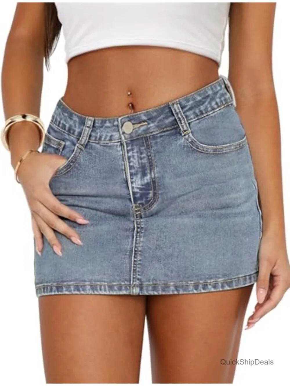 High Stretch Denim Mini Skirt Low Waist Zip Fly Pockets